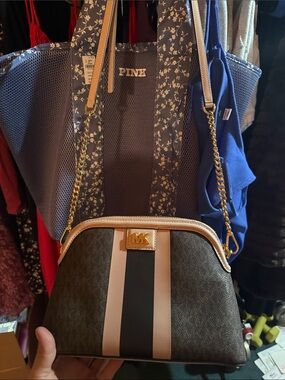 Michael Kors Brown with Pink & Black Stripe Crossbody